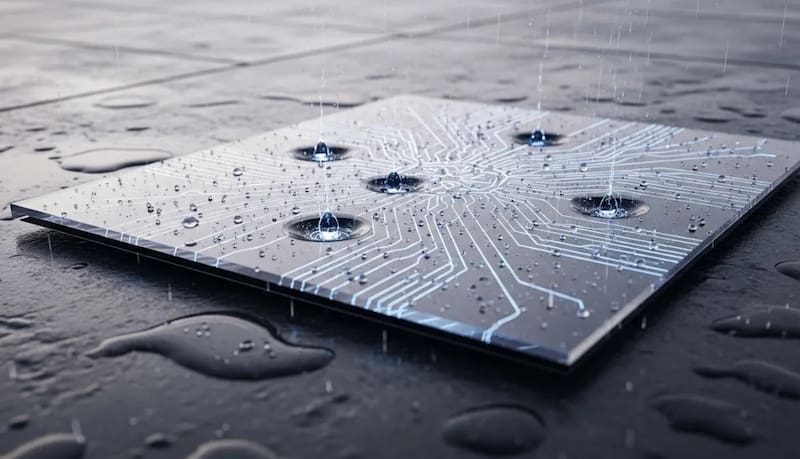 Cuando una gota impacta sobre la capa dieléctrica del W-DEG, la redistribución de cargas genera un pulso eléctrico aprovechable.