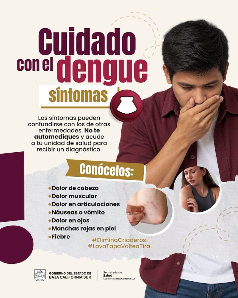 Folleto de cuidado contra el dengue con los principales síntomas de la infección.
