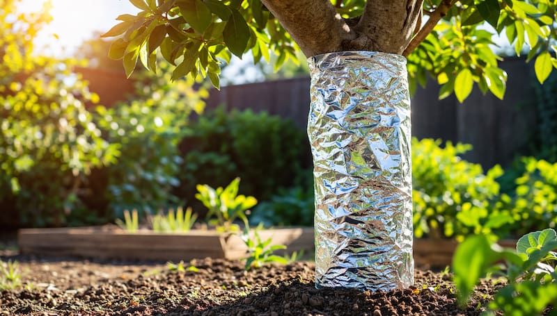 Curbir el tronco de un árbol con papel aluminio
