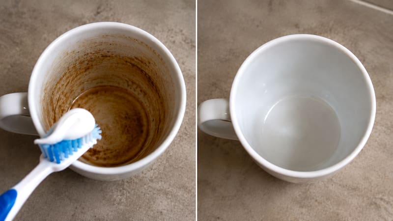 Aplicar pasta dental dentro de la taza para remover las manchas.
