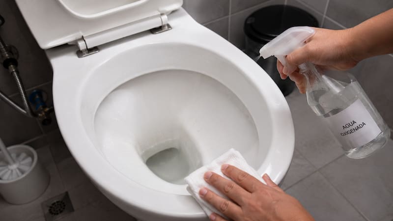 Cuando se aplica agua oxigenada directamente sobre la taza del inodoro, el borde y otras superficies, puede ayudar a remover manchas leves y residuos orgánicos, además de reducir malos olores.