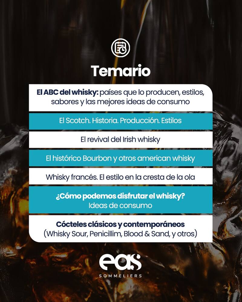 El temario de Whisky & Cócteles, el curso de dos encuentros que dictará Fernanda Orellano, autora de esta nota, en la EAS
Fechas: 13 y 15 de abril. 19 a 21h.
Info: +54 911 5965 1688
Emall: info@sommeliers.com.ar