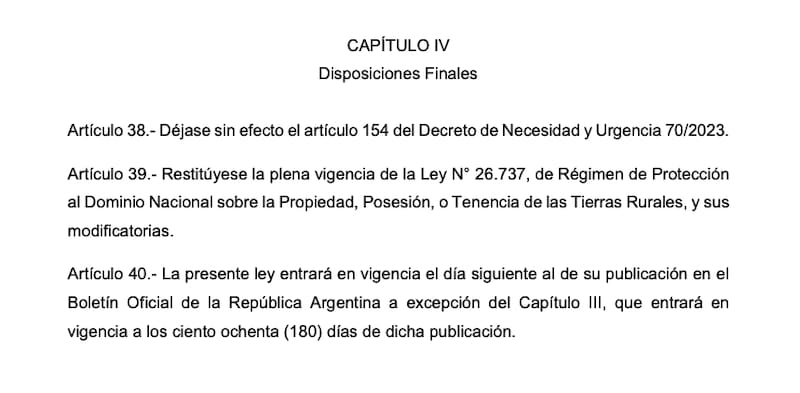 El dictamen de mayoría (38 firmas) que firmó Diputados para restituir la Ley de Tierras que derogó el DNU 70 en el marco del proyecto de Inviolabilidad de la Propiedad Privada
