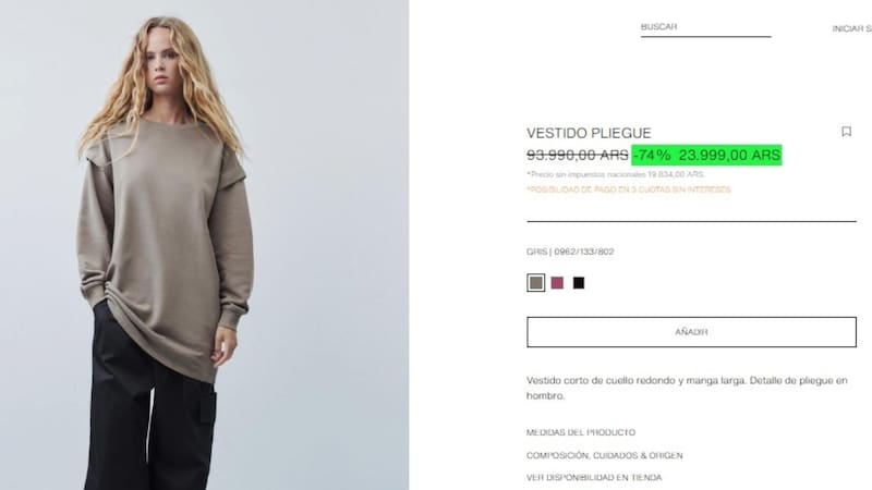 Zara vende un vestido pliegue con descuento del 73%. Foto: sitio web de Zara.