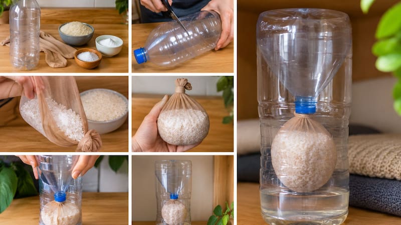 Una botella de plástico, una media de nylon y tres productos habituales de la cocina alcanzan para armar un deshumidificador casero de manera sencilla.
(Foto: IA)