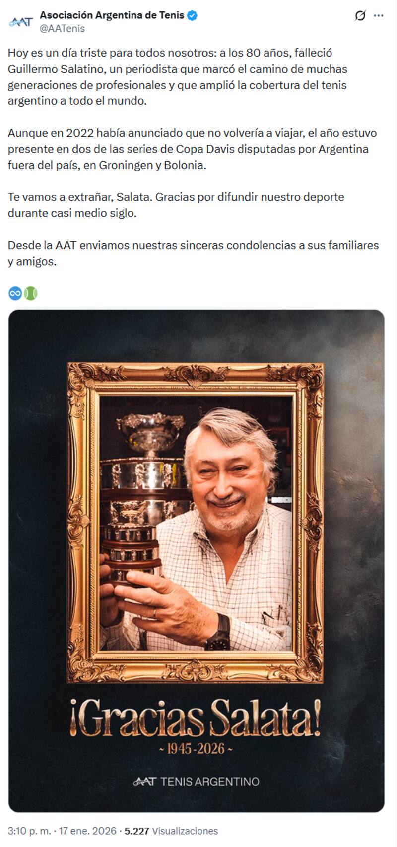 La despedida de la Asociación Argentina de Tenis en su cuenta de X