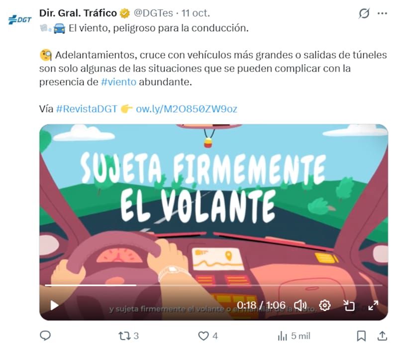 La DGT recuerda las precauciones que deben tomar los conductores cuando las ráfagas afectan a la circulación.