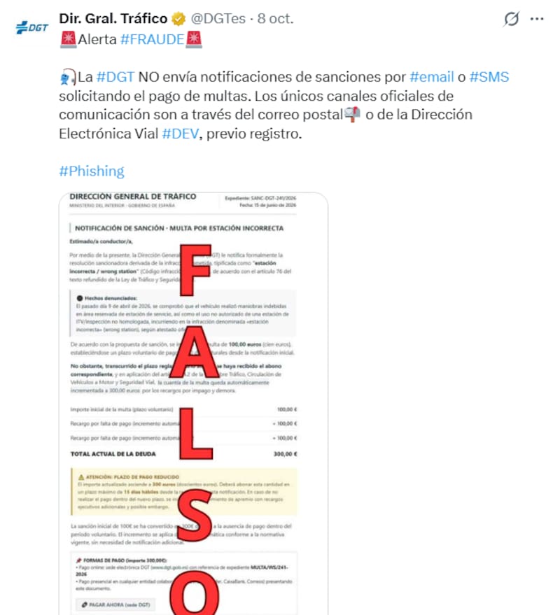 La DGT alerta sobre los intentos de fraude relacionados con las sanciones de tráfico.