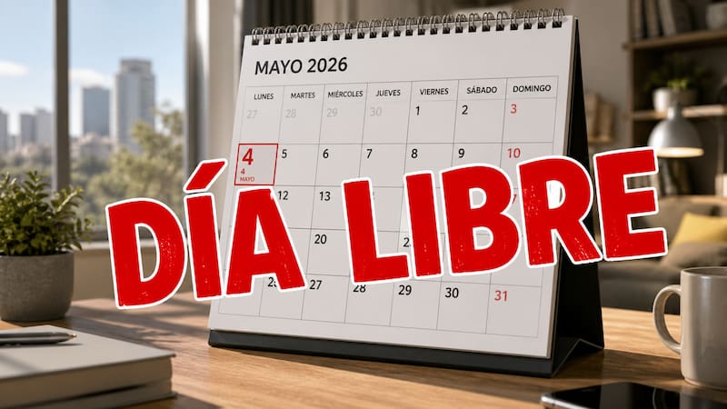Calendario de mayo de 2026 con el lunes 4 señalado como día no laborable en varios municipios de España. Imagen generada con IA.