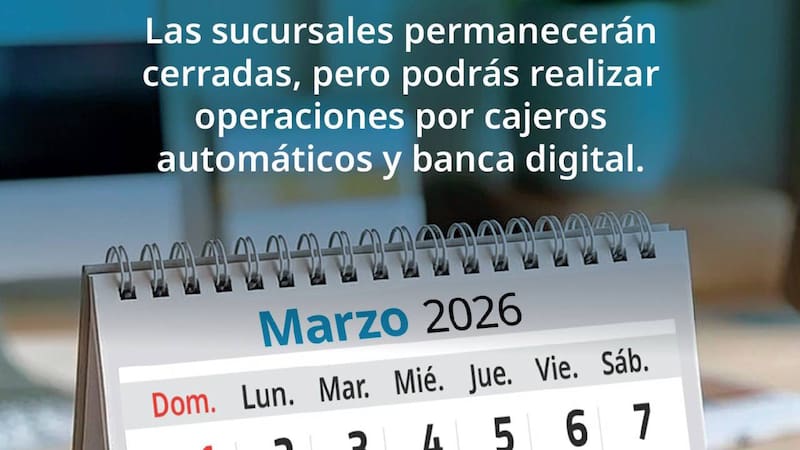 Las sucursales permanecerán cerradas, pero podrás realizar operaciones por cajeros automáticos y banca digital.