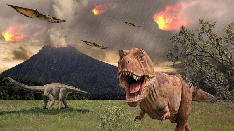 Dinosaur flees from a volcanic eruption and meteorite impact