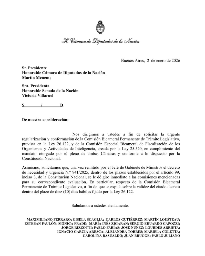 La nota de Unidos dirigida a Menem y a Villarruel para constituir las comisiones de DNU e Inteligencia
