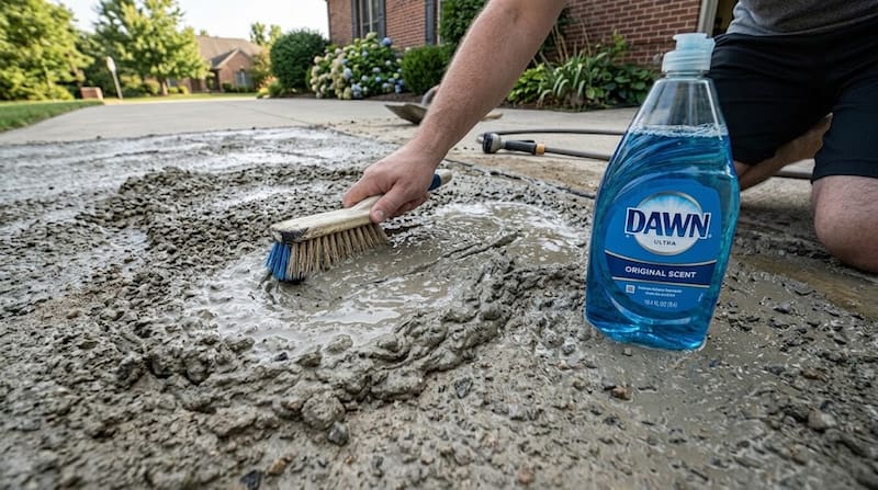 When mixed with water, dish soap creates a cleaning solution that can help lift dirt and grease from concrete.