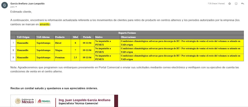Documento de falta de combustible en Manzanillo