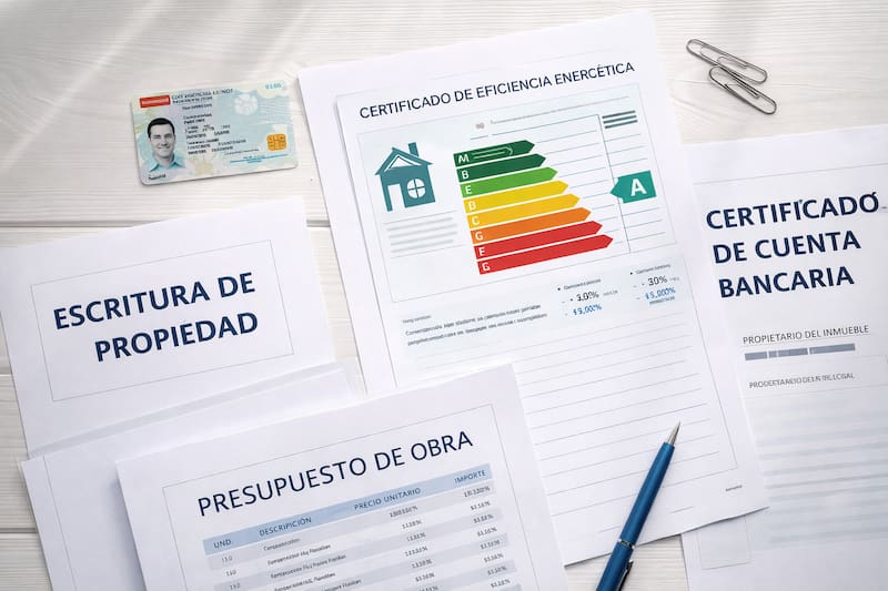 Documentos necesarios para solicitar subvención de rehabilitación: DNI, certificado energético, presupuestos y escrituras.