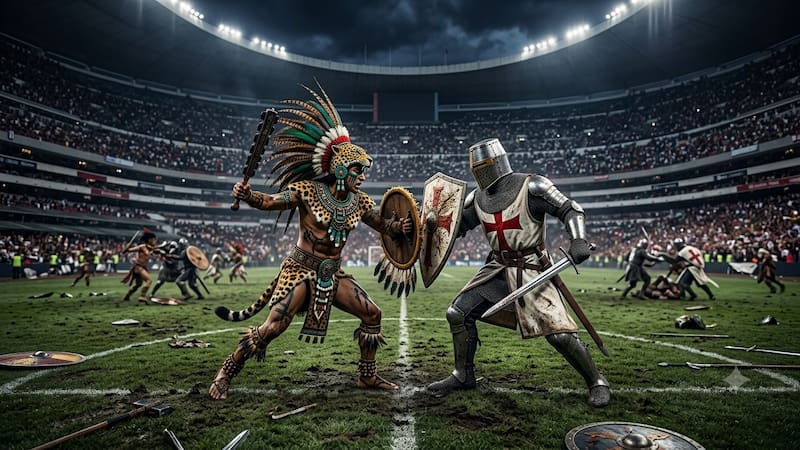Imagen de un guerrero mexica en una justa contra un caballero inglés en el Estadio Azteca.