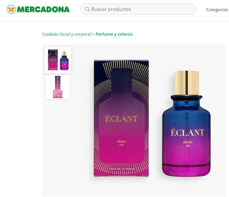 Éclat Shine, de Mercadona, combina notas de frutos rojos, fresia, ámbar y almizcle.