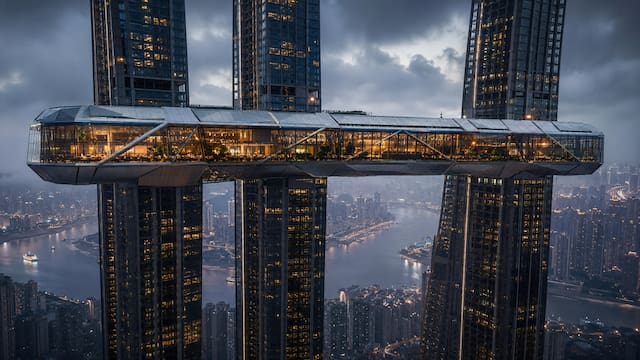 China construyó un “rascacielos horizontal” de 300 metros que conecta cuatro torres a 250 metros de altura y la estructura de 12.000 toneladas convierte a la arquitectura en una prueba de equilibrio