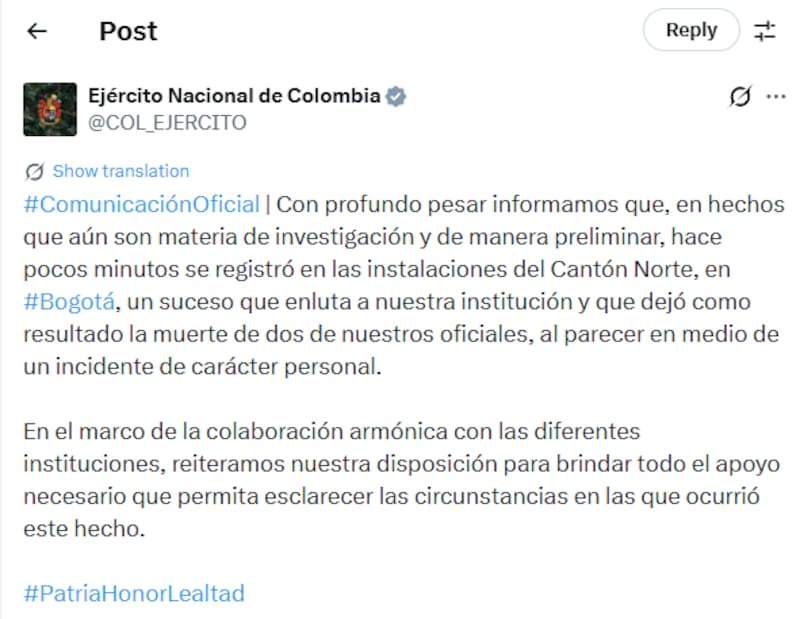 El Ejército Nacional de Colombia emitió un comunicado tras los hechos.