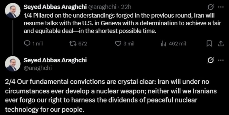 El canciller iraní Abás Araqchí advirtió que Irán no se encuentra en fase de desarrollo de ningún armamento nuclear (Fuente: X).