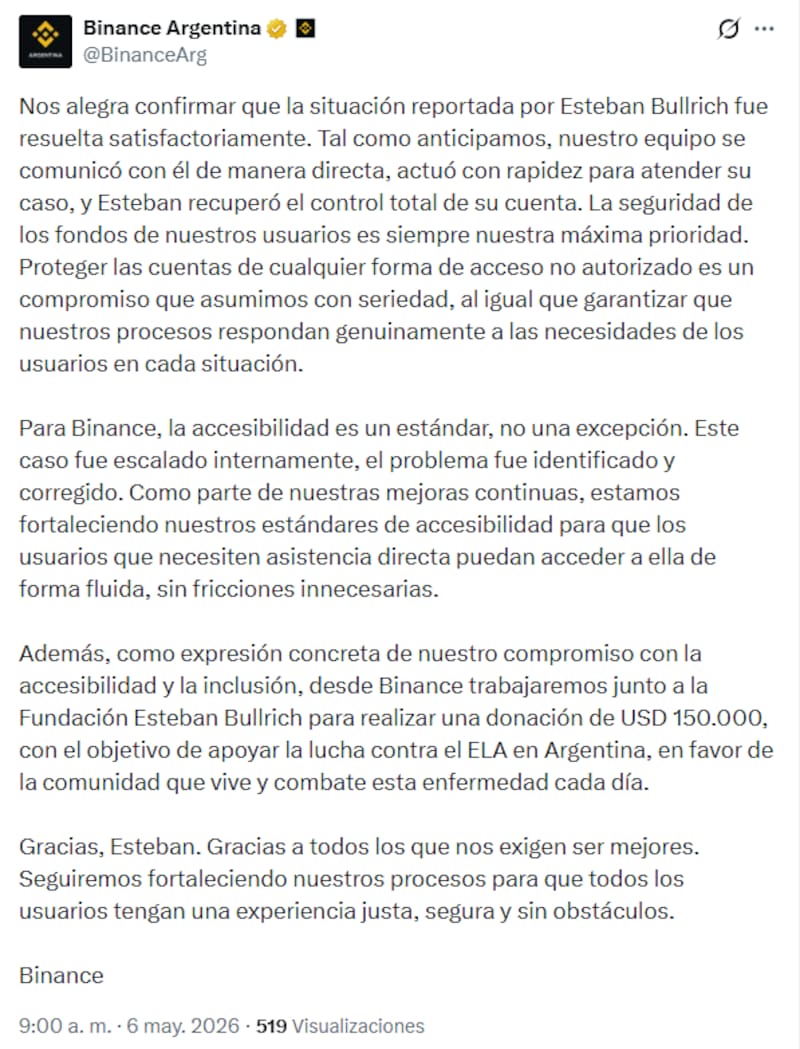 El comunicado de Binance