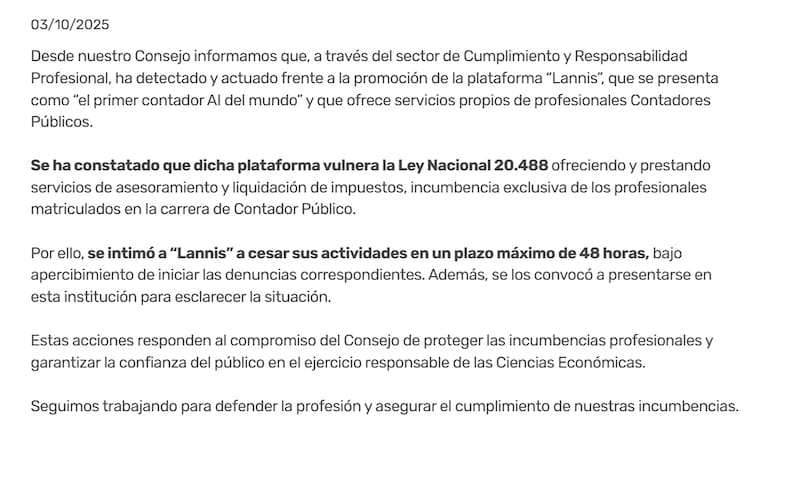 El comunicado del Consejo intimando a Lannis