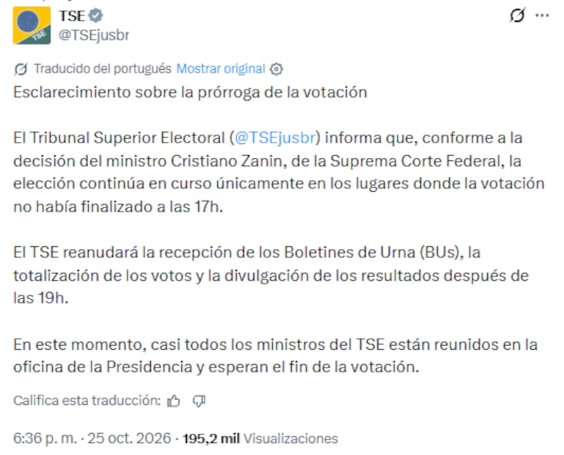 El Tribunal Superior Electoral (TSE) de Brasil resolvió este domingo prorrogar dos horas la votación hasta las 19.
