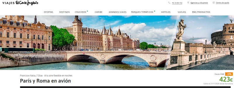 El Corte Inglés lanza ofertas para viajar a París y Roma: el paquete incluye 7 días por menos de 450 euros.