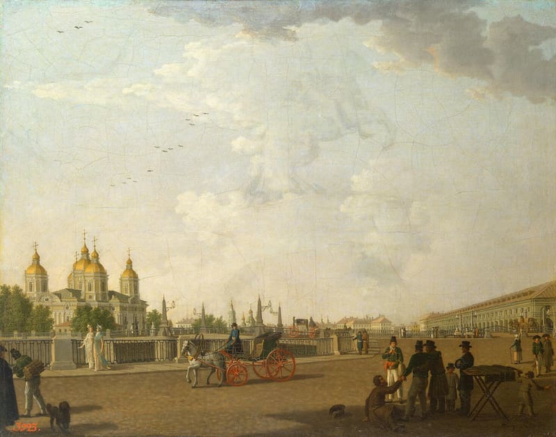 La novela se desarrolla en la ciudad y alrededores de San Petersburgo. En la imagen, Vista de la Catedral de San Nicolás por Benjamin Patersen.