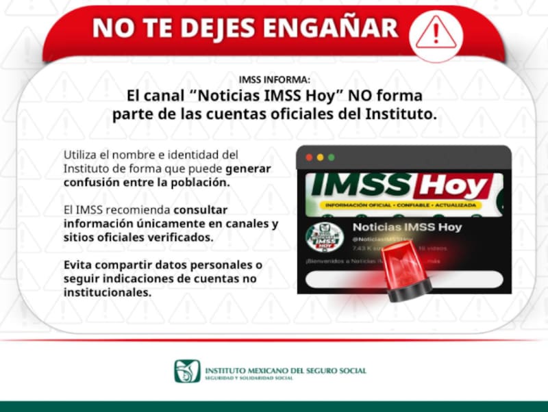 El IMSS salió a advertir a la población sobre un canal no oficial que usa su nombre e identidad para difundir contenido. Este no tiene ningún vínculo con la institución y puede inducir al error a millones de derechohabientes.