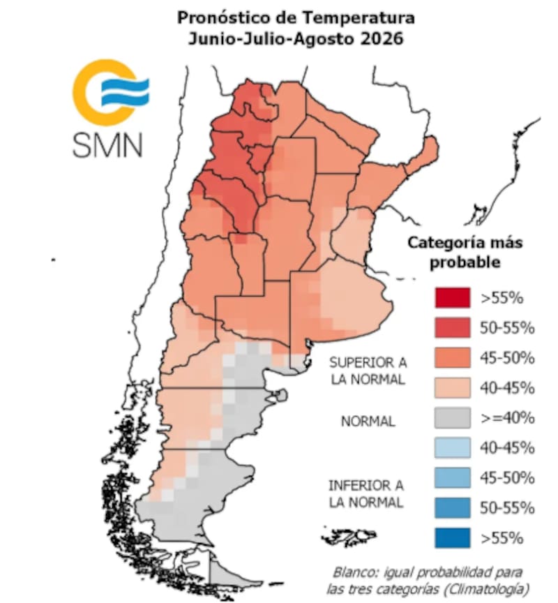 El invierno 2026 tendrá temperaturas más cálidas de lo habitual en gran parte de la Argentina. (Fuente: SMN)