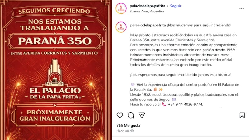 El comunicado de El Palacio de la Papa Frita en su cuenta de Instagram.