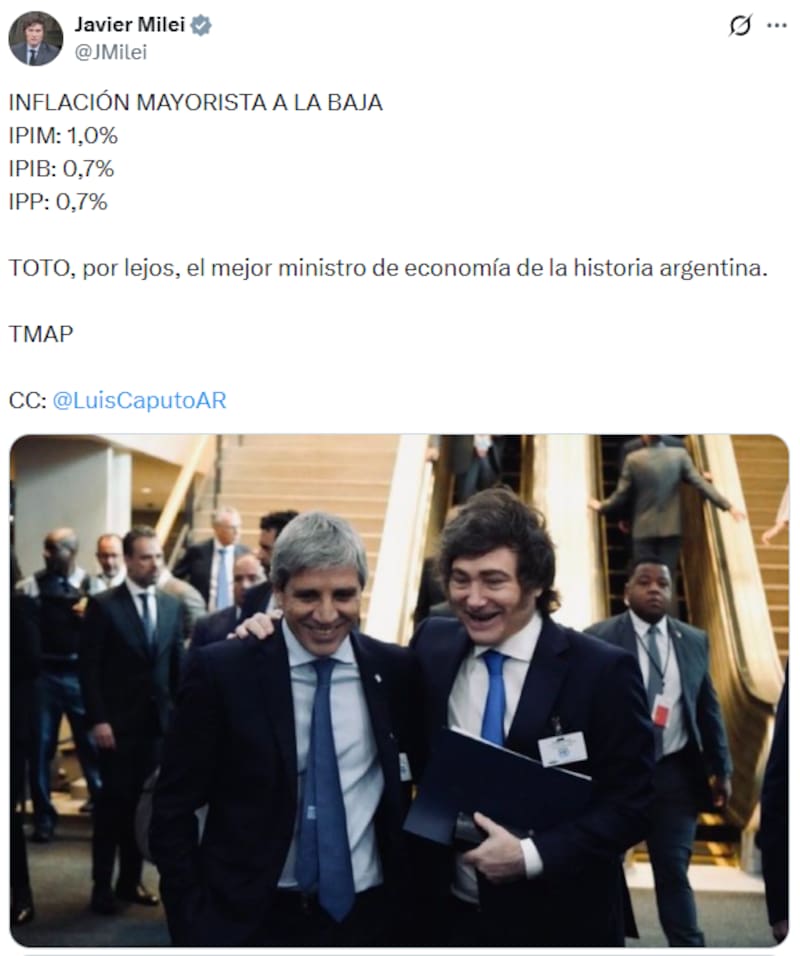 El posteo de Javier Milei tras el dato del IPIM.