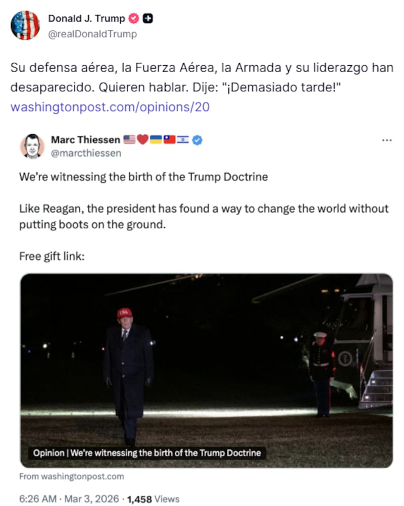 “Su defensa aérea, su Fuerza Aérea, su Armada y su liderazgo han desaparecido”, escribió Trump.