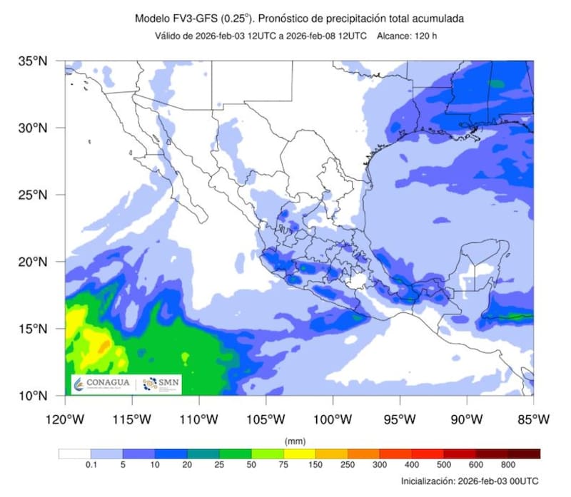 El pronóstico de precipitación acumulada hasta el 8 de febrero. (Foto: Archivo).