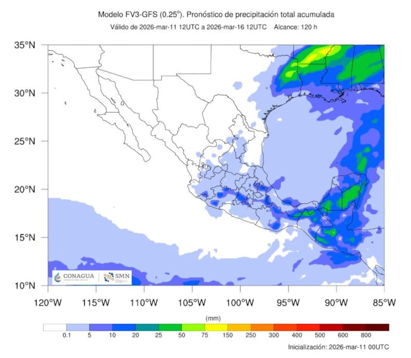 El pronóstico de precipitación total acumulada entre el 11 y el 16 de marzo. (Foto: SMN)