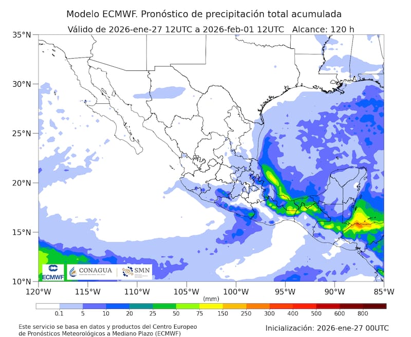 El pronóstico de precipitación total acumulada hasta el 1 de febrero. (Foto: Archivo).