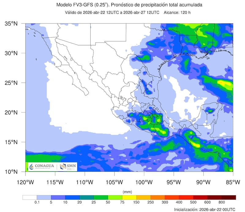 El pronóstico de precipitación total acumulada para el último fin de semana de abril. (Foto: SMN)