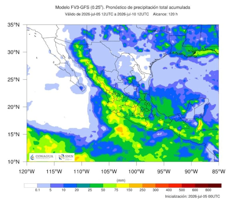 El pronóstico de precipitación total acumulada que regirá para la República Mexicana hasta el viernes 10 de julio. (Foto: SMN)
