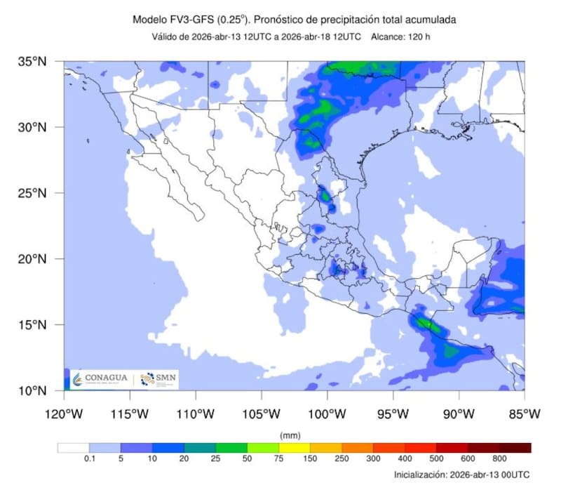 El pronóstico de precipitación total acumulada. Válido del 13 al 18 de abril. (Foto: Archivo)