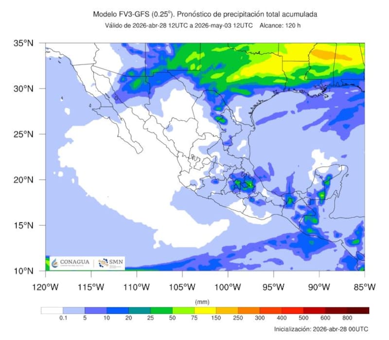El pronóstico de precipitación total que se acumulará entre el 28 de abril y el domingo 3 de mayo. (Foto: SMN)