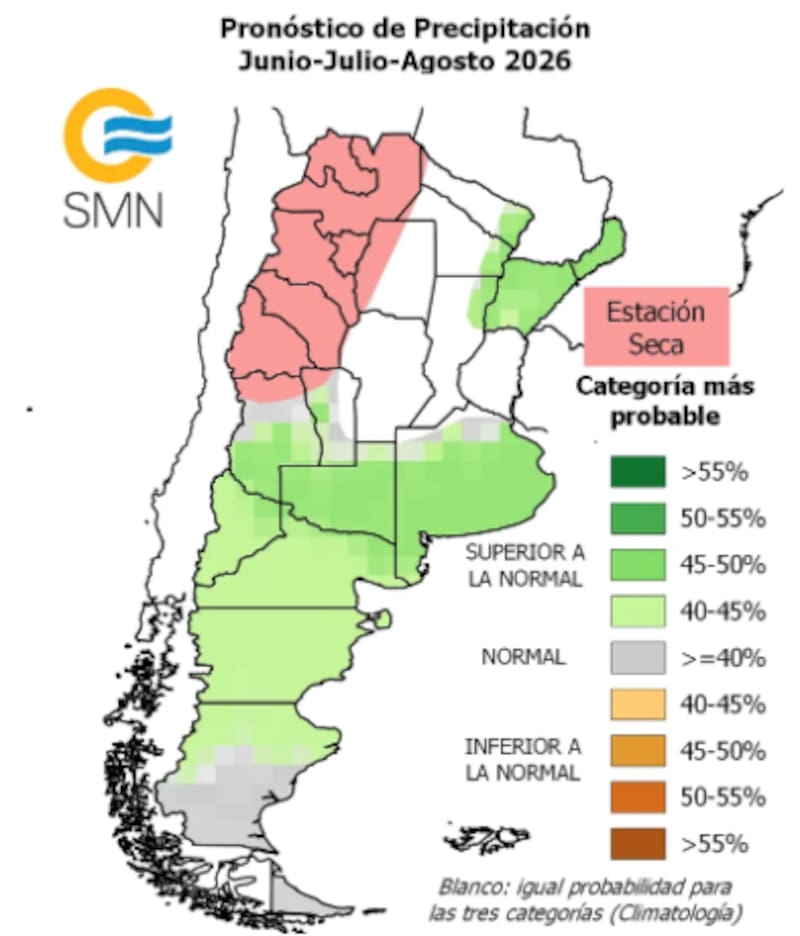 El pronóstico de precipitaciones para el invierno muestra lluvias superiores a lo habitual en varias regiones. (Fuente: SMN)