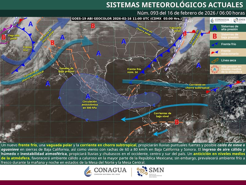 El pronóstico del tiempo durante el lunes 16 de febrero en toda la República Mexicana. (Foto: SMN)