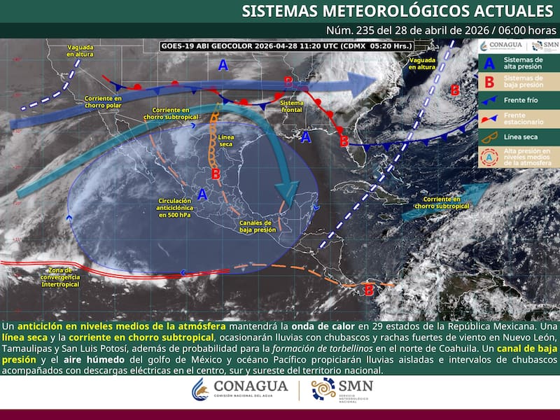 El pronóstico del tiempo para el martes 28 de abril en la República Mexicana. (Foto: SMN)