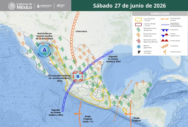 El pronóstico del tiempo para el sábado 27 de junio en la República Mexicana. (Foto: SMN)