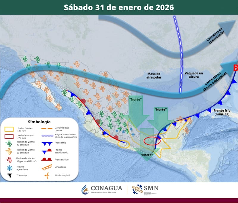 El pronóstico del tiempo para el sábado 31 de enero en la República Mexicana. (Foto: SMN)