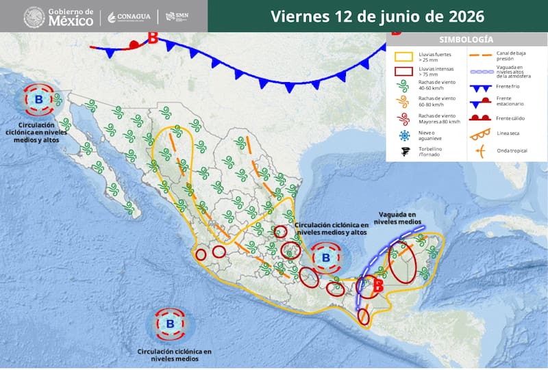 El pronóstico del tiempo que difundió el SMN para la República Mexicana durante el viernes 12 de junio. (Foto: SMN)