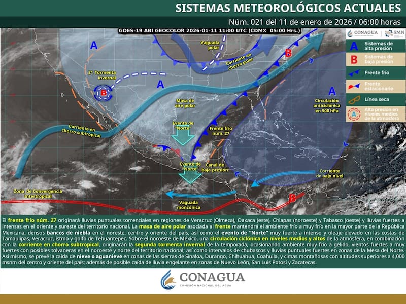 El pronóstico del tiempo para la República Mexicana durante el domingo 11 de enero. (Foto: SMN)