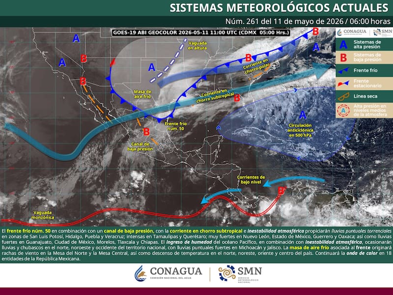El pronóstico del tiempo para la República Mexicana durante el lunes 11 de mayo. (Foto: SMN)
