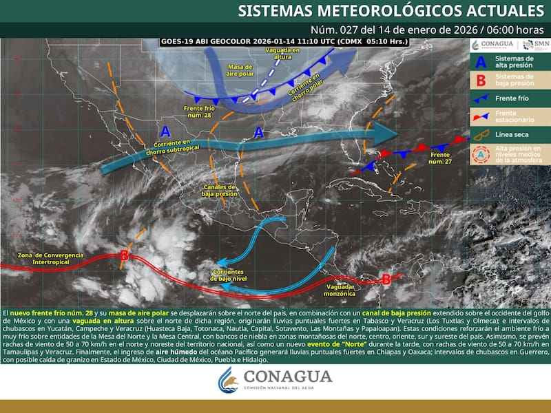 El pronóstico del tiempo para la República Mexicana durante el miércoles 14b de enero. (Foto: SMN)